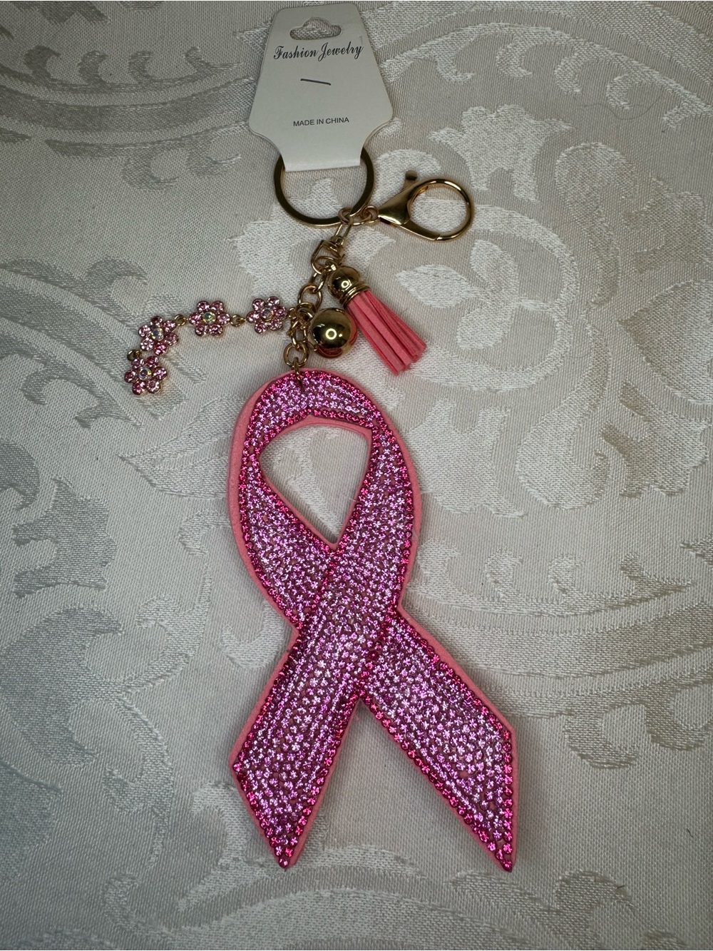 New Fashion Jewelry Pink Rhinestone breast cancer Ribbon Keychain Bag Charm